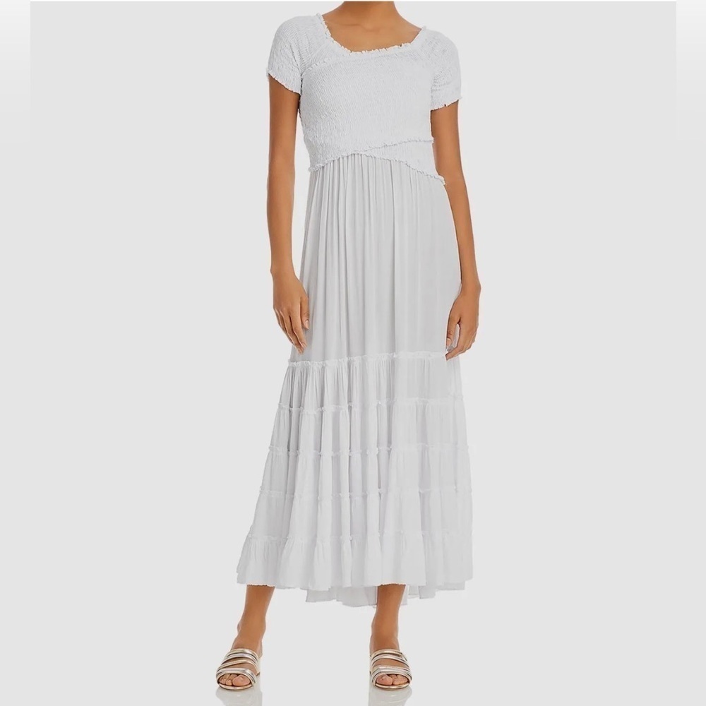 Poupette St. Barth Women White Soledad Smocked Ruffle Midi Dress Size L cottage